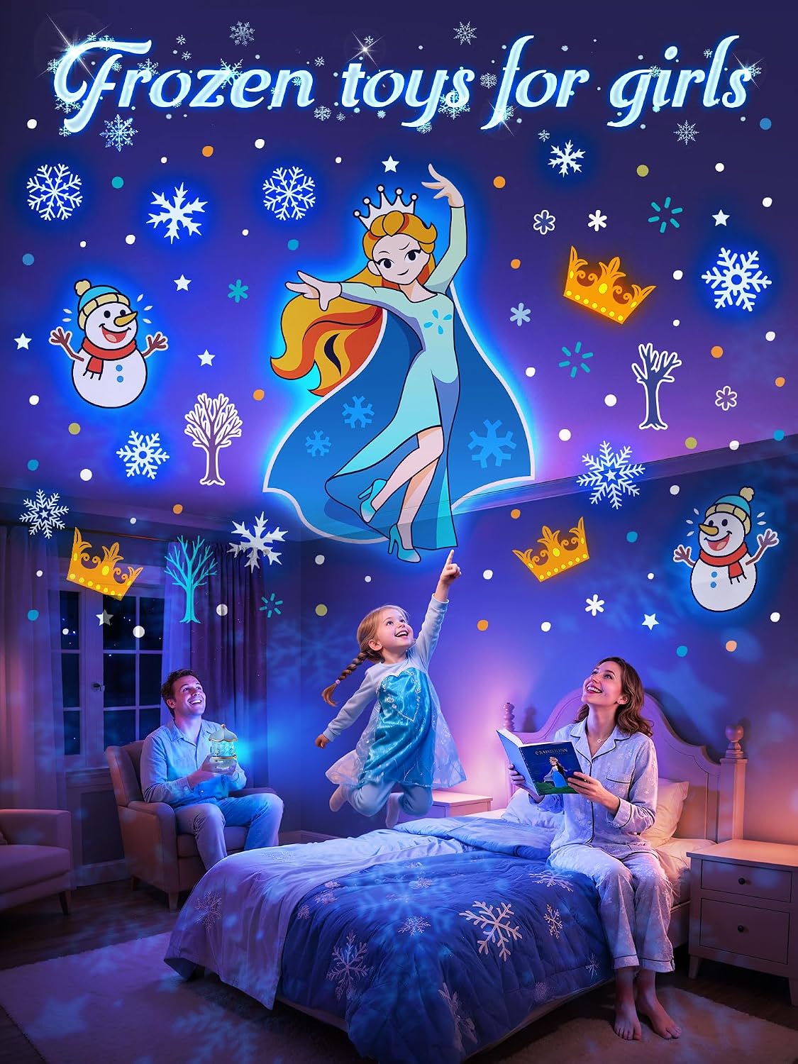Frozen Toys, 15 música+16 películas+315 colores luz nocturna para niños, 360° + control remoto+proyector inalámbrico de estrellas para niños, proyector de luz nocturna