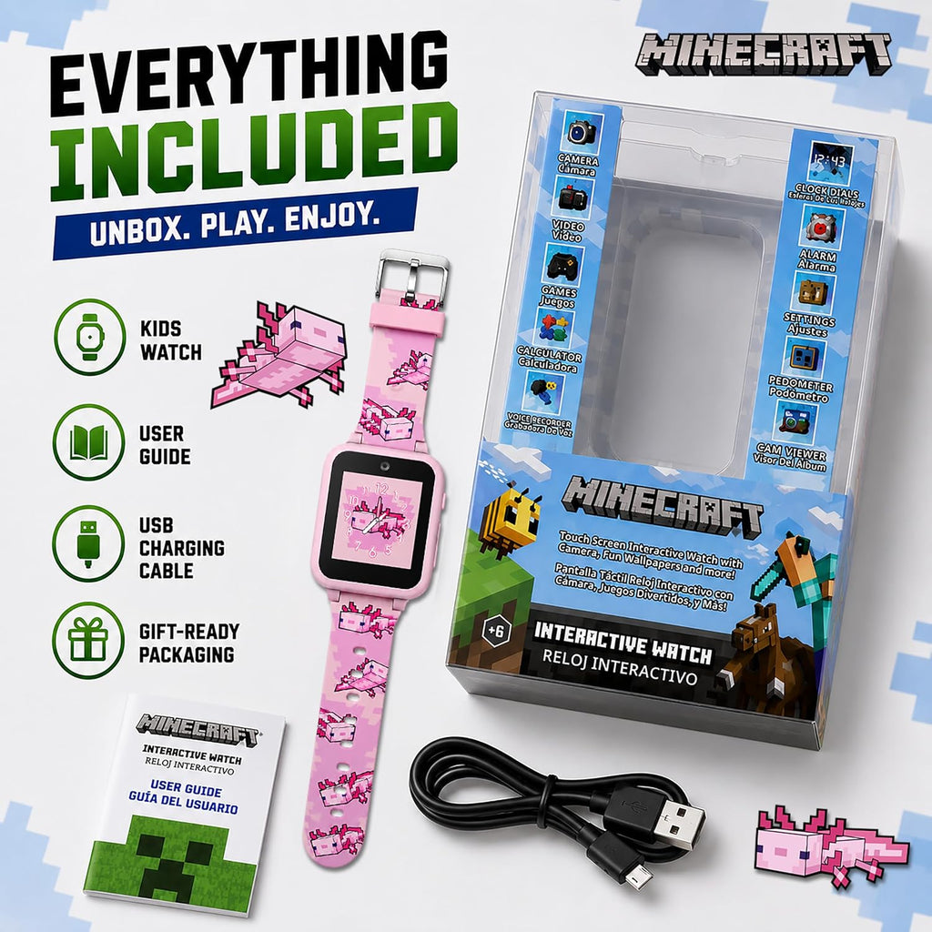 Minecraft - Reloj inteligente para niños, diseño de ajolote rosa, 10 caras de reloj, contador de pasos, cámara selfie, calculadora, juegos, grabadora de voz, alarma y temporizador, correas de silicona