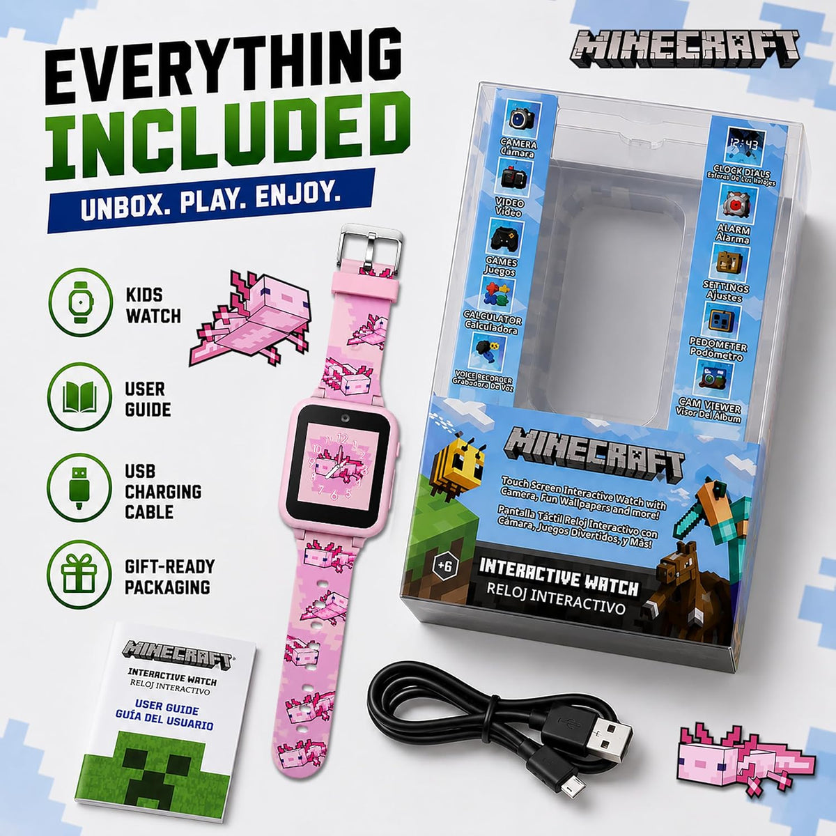 Minecraft - Reloj inteligente para niños, diseño de ajolote rosa, 10 caras de reloj, contador de pasos, cámara selfie, calculadora, juegos, grabadora de voz, alarma y temporizador, correas de silicona