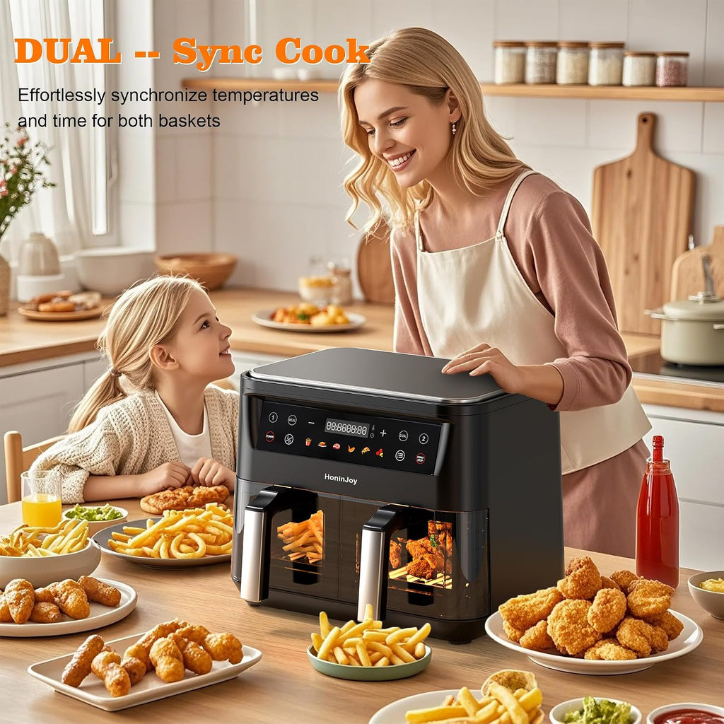 SyncCook - Freidora de aire de doble cesta grande de 10 cuartos con ventana de visualización y 50 revestimientos de papel, 10 en 1 con pantalla táctil digital de doble zona, freidora de aire SyncCook