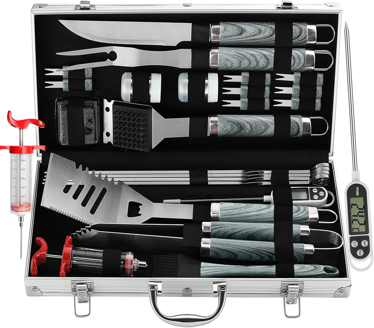Juego de 24 herramientas para parrilla de barbacoa con termómetro de carne e inyector, tenedor de acero inoxidable extragrueso, espátula y pinzas, accesorios completos para barbacoa, regalos perfectos para el día del padre