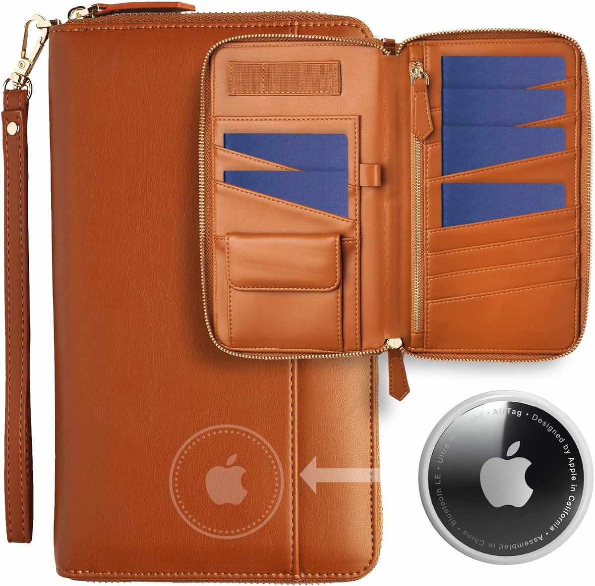Porta Pasaporte Familiar Soporte para pasaporte familiar con AirTag RFID Cartera de viaje de cuero para mujer con cremallera múltiple organizador de documentos de viaje para 4 6 pasaporte