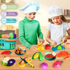 100 piezas de juego de comida de simulación para cocina de niños, juguete de comida falsa para niños pequeños de 1 a 3 años, accesorios de plástico para cortar alimentos/frutas/verduras falsos con 2
