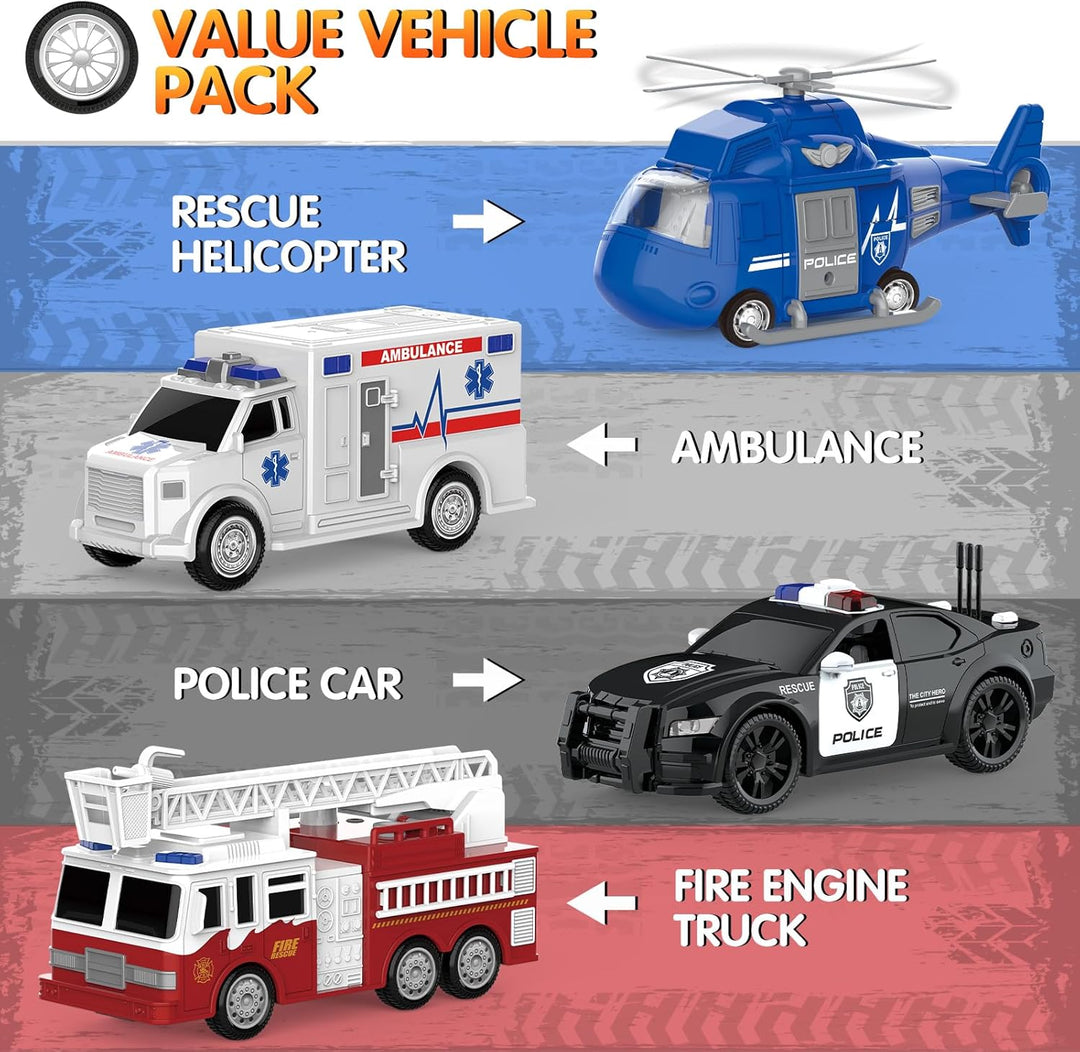 COVTOY Paquete de 4 vehículos de emergencia con luces y