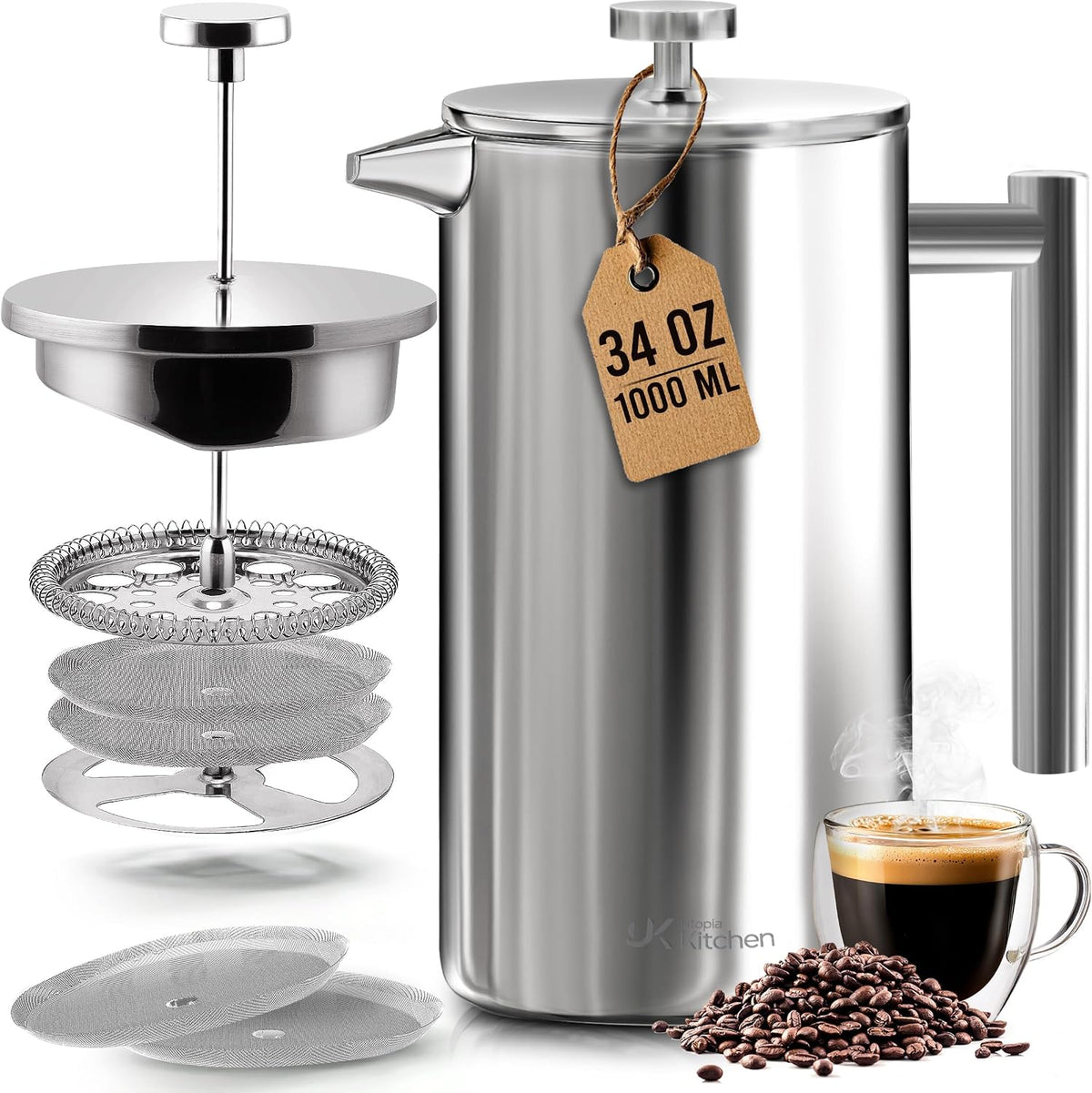 Cafetera francesa - para café espresso y té - por Utopia Kitchen, Acero inoxidable