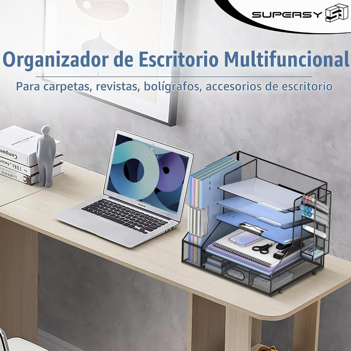 Organizador de Escritorio con Porta-Folios de 5 Estantes y Bandeja Deslizante para Lápiz, Negro