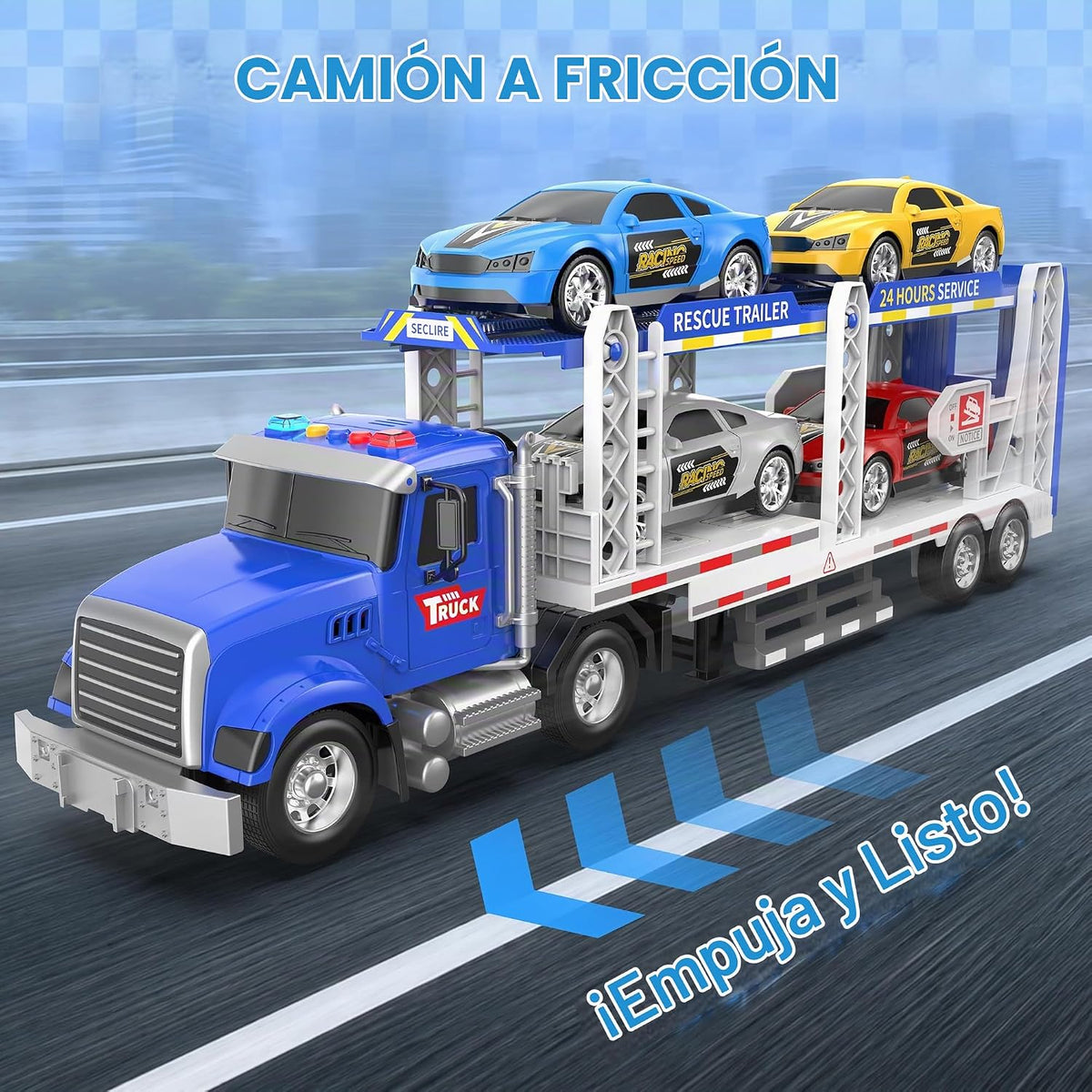 Juguete semi camión con 4 juguetes de coche, camiones de doble capa para