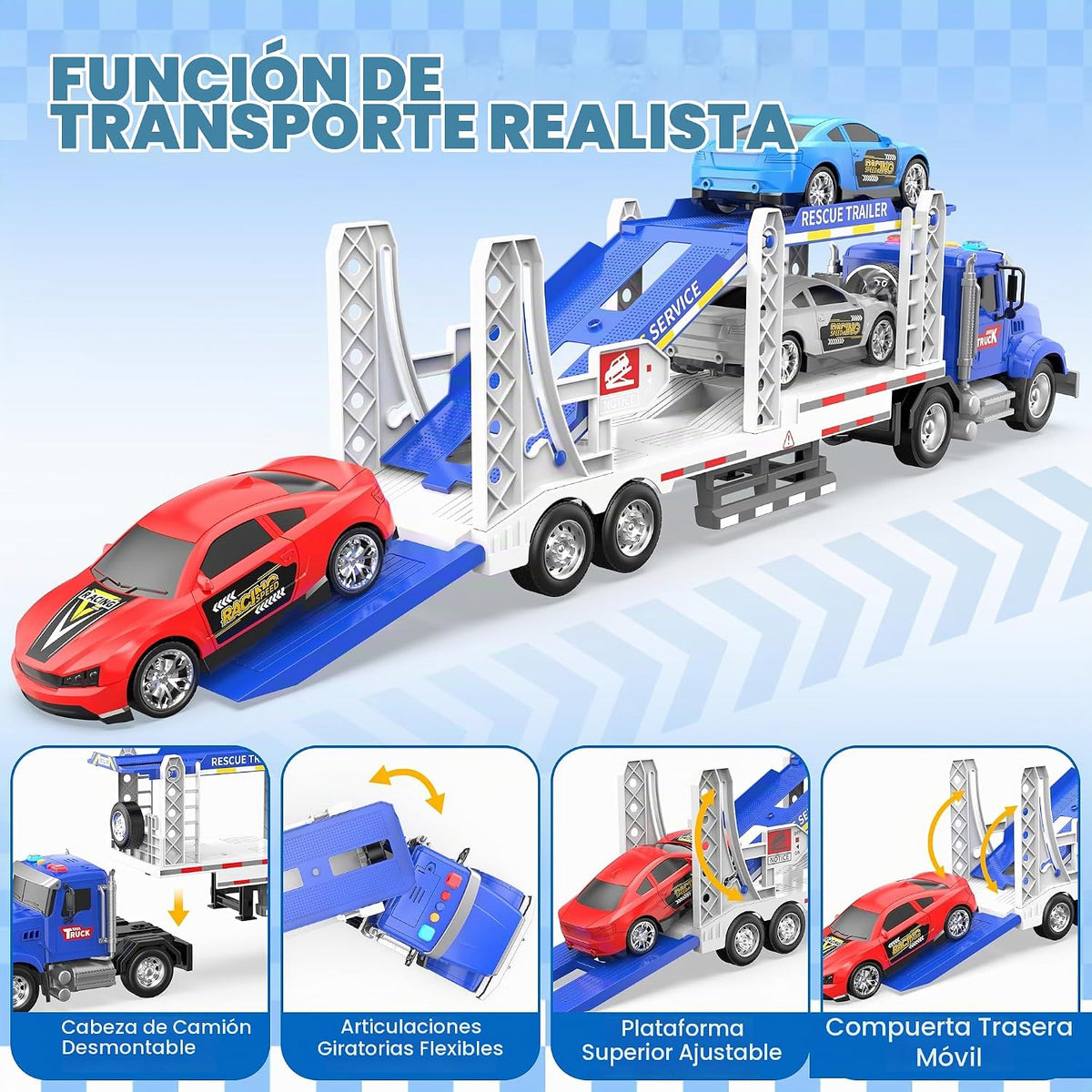 Juguete semi camión con 4 juguetes de coche, camiones de doble capa para