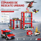Juego de construcción de estación de bomberos de ciudad, modelo de sede del departamento de bomberos con camión de bomberos, helicóptero y dron de rescate, kit de construcción coleccionable