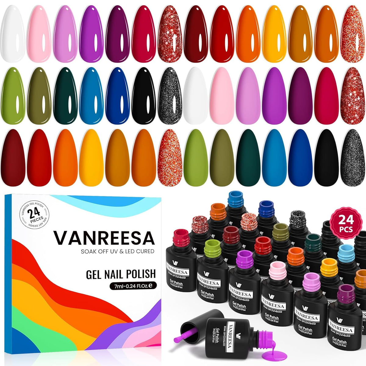 Vanreesa - Juego de 24 esmaltes de uñas en gel, 21 colores, esmalte...