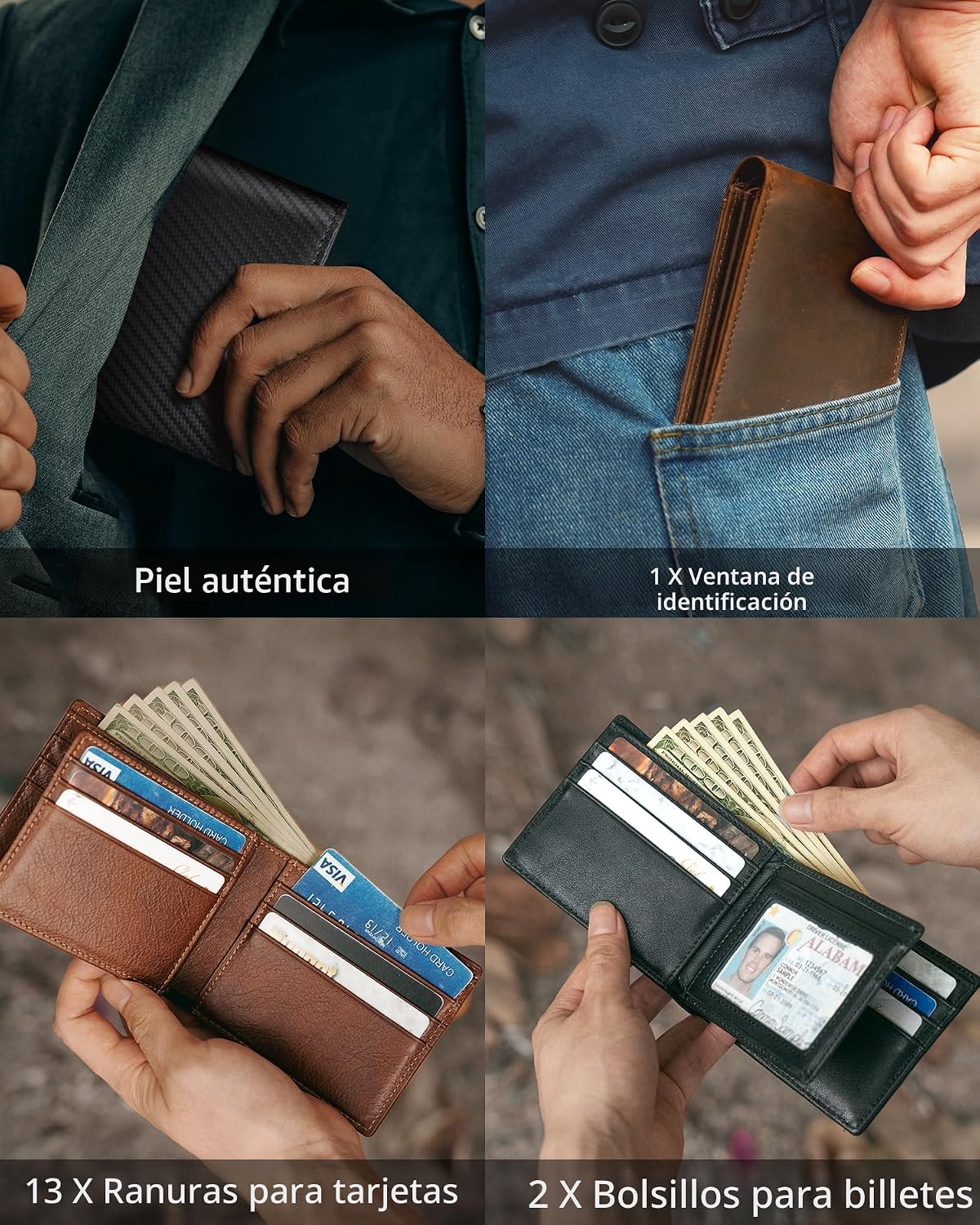 Cartera Artpaxy para hombre de cuero genuino plegable con bloqueo RFID, con 1 ventana para identificación, 13 ranuras para tarjetas, 2 bolsillos para efectivo, 1 caja de regalo, Marrón, Classic