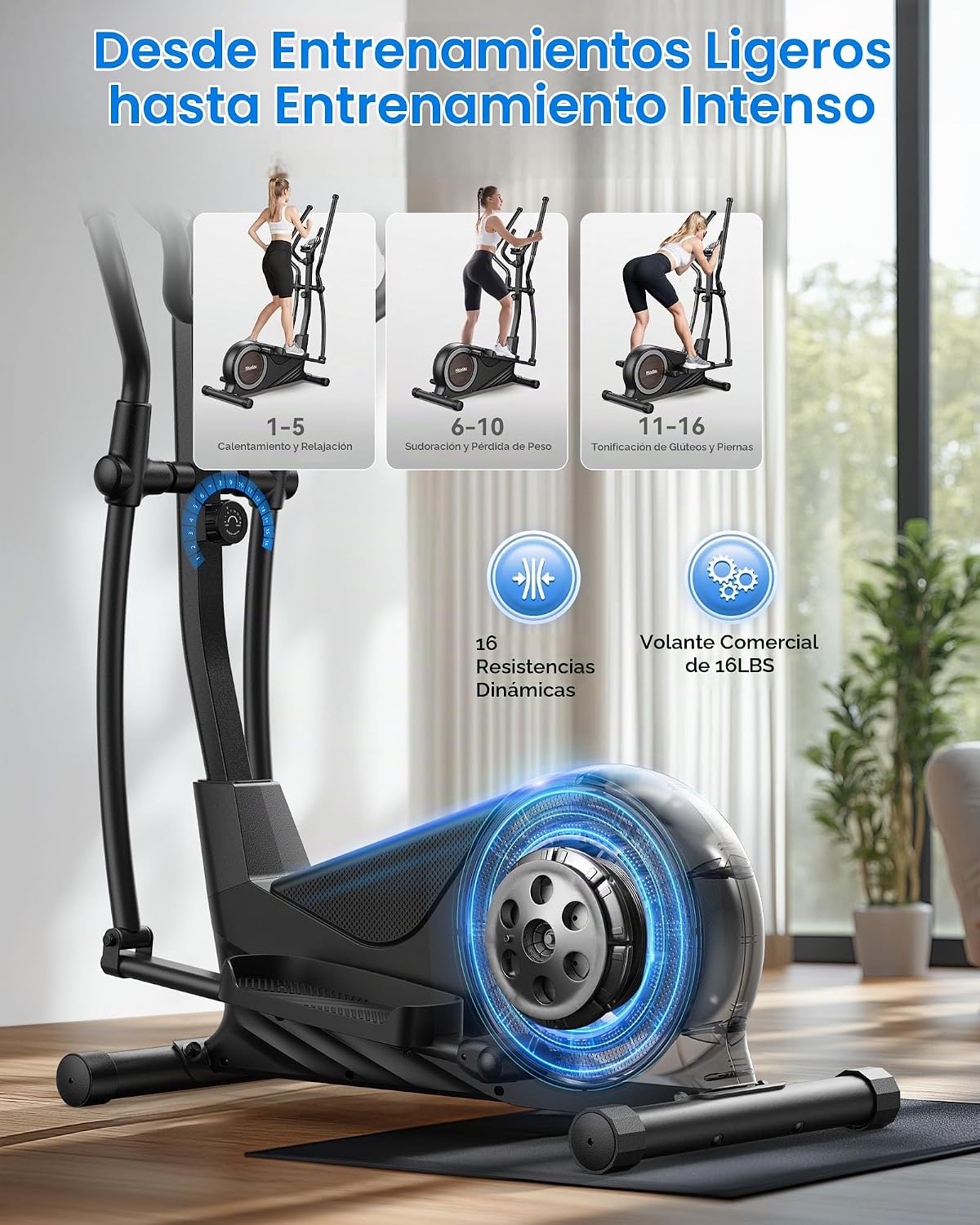 Niceday Máquina elíptica de ejercicios, máquina elíptica para el hogar, entrenador elíptico magnético con zancada de 15.5 a 19 pulgadas, 16 niveles de resistencia, capacidad de carga de 400 libras