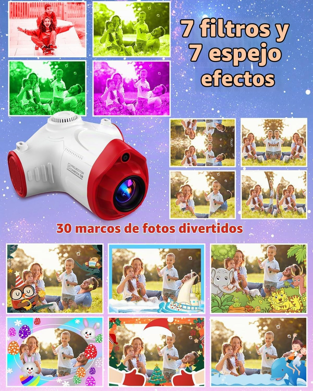 Cámara para niños con proyector, nave espacial, cámara digital HD de 48 MP para niños, grabadora de video 1080P, juguete con tarjeta SD de 32 GB y trípode, espacio exterior, cumpleaños para niños y