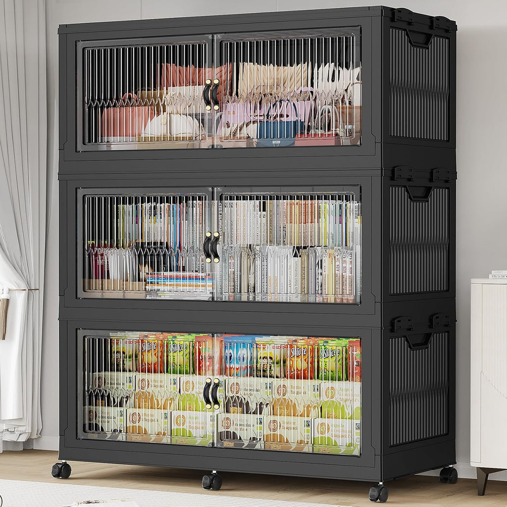 BROVIEW Contenedores de almacenamiento apilables extra grandes de 255 galones/1020 cuartos de galón con tapas y ruedas, paquete de 3, color negro
