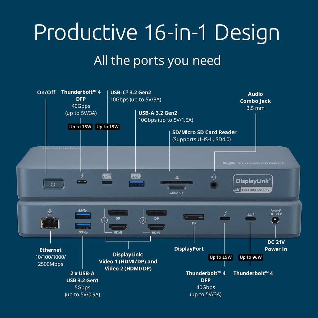 Kensington SD5900T - Estación de acoplamiento DisplayLink Thunderbolt 4, Quad 4K para MacBook Pro/Air M1/M2/M3/M4 con chipsets Pro y Max, 100 W PD, HDMI/DP/TB4, ranuras para tarjetas SD/Micro SD, azul