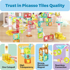 PicassoTiles - Juego de 100 piezas de bloques de construcción magnéticos para carreras de mármol, tamaño de viaje, mini baldosas imán, juego de mármoles, juego de construcción para pista de carreras