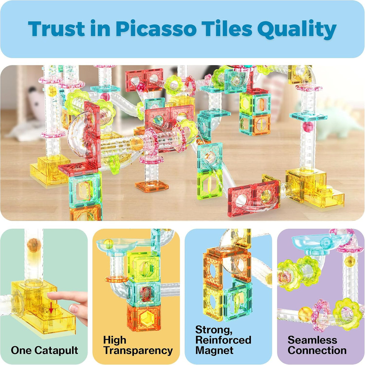 PicassoTiles - Juego de 100 piezas de bloques de construcción magnéticos para carreras de mármol, tamaño de viaje, mini baldosas imán, juego de mármoles, juego de construcción para pista de carreras