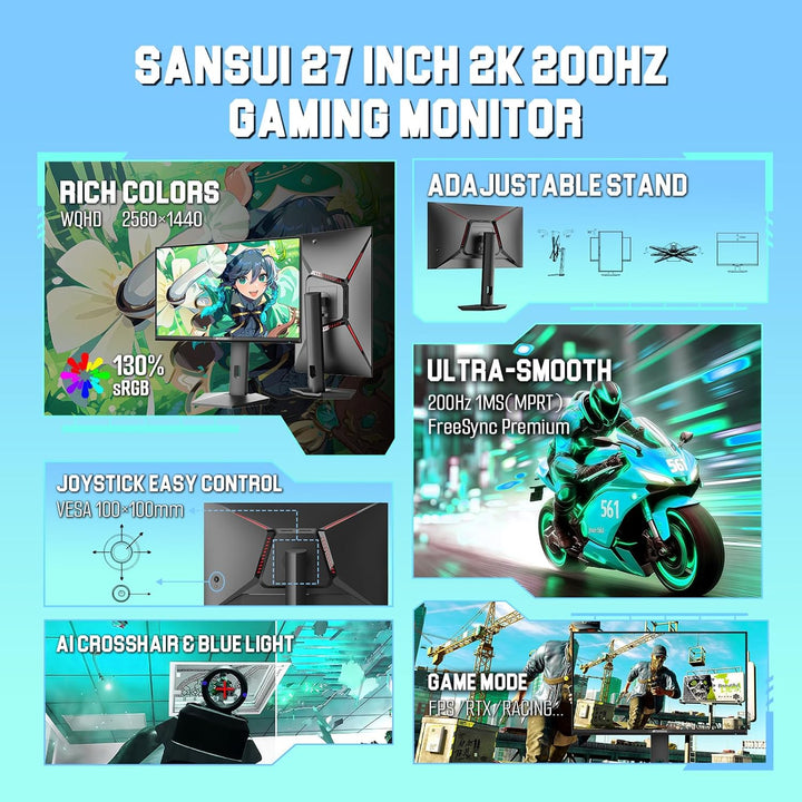 Monitor para juegos SANSUI de 27" 1440P 200Hz 180Hz WQHD 2560×1...