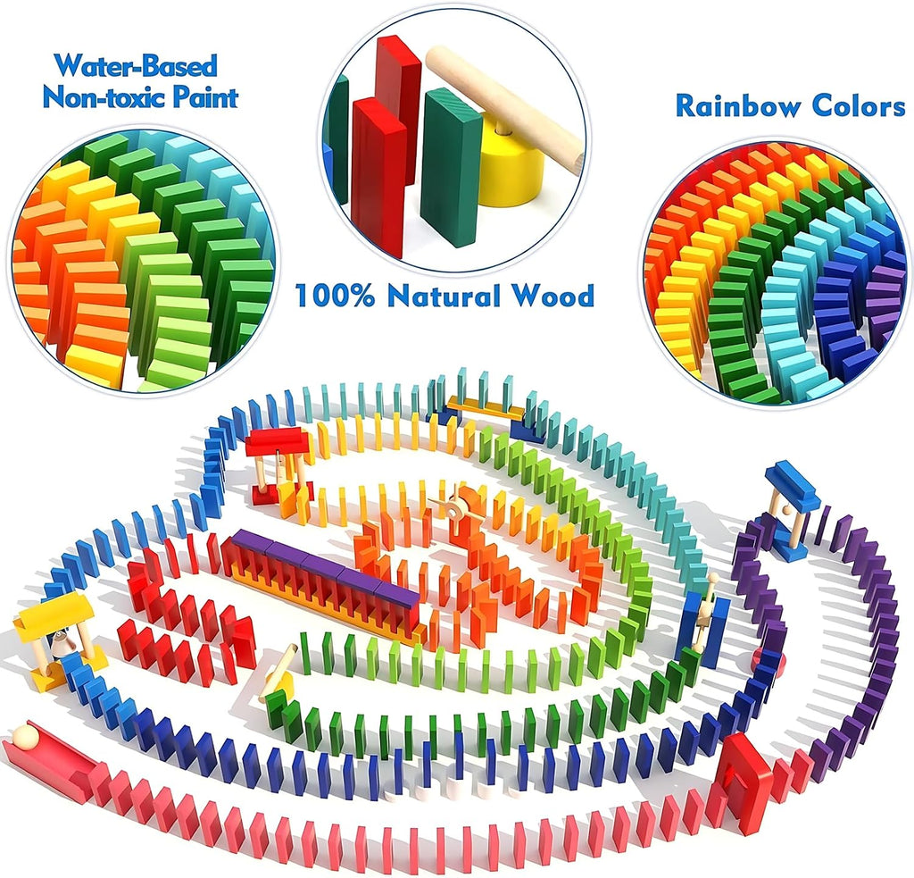 Migargle Juego de dominó de madera de 1200 piezas con 11 bloques de dominó adicionales y bolsa de almacenamiento, juego de carreras de dominó a granel para niños, juguete educativo con temática de dominó