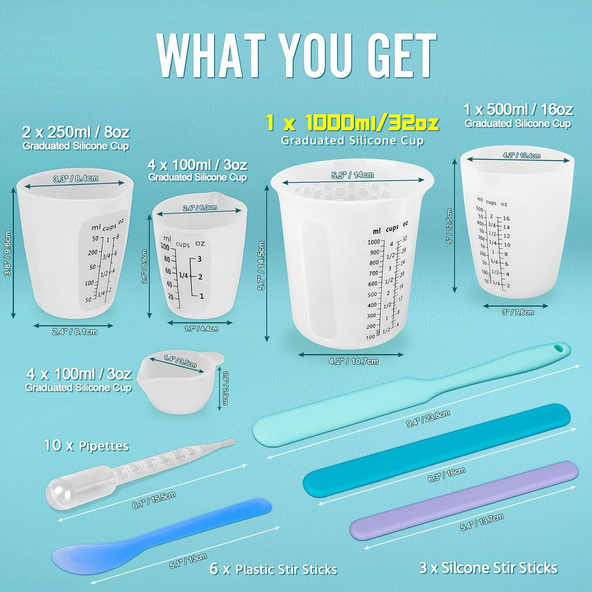 Juego de tazas medidoras de resina de silicona de 1 litro para suministros de resina, marcas fáciles de leer, taza grande de 32 onzas, tazas de silicona reutilizables gruesas de 500, 250 y 3.4 fl oz para mezcla de epoxi, fabricación de joyas