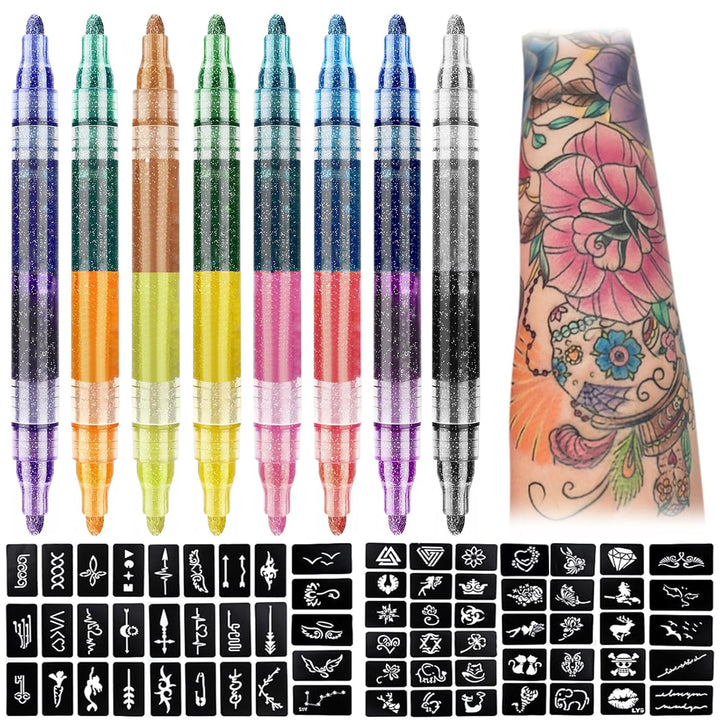 Ponhey Marcadores temporales de tatuaje con purpurina para piel, 8...