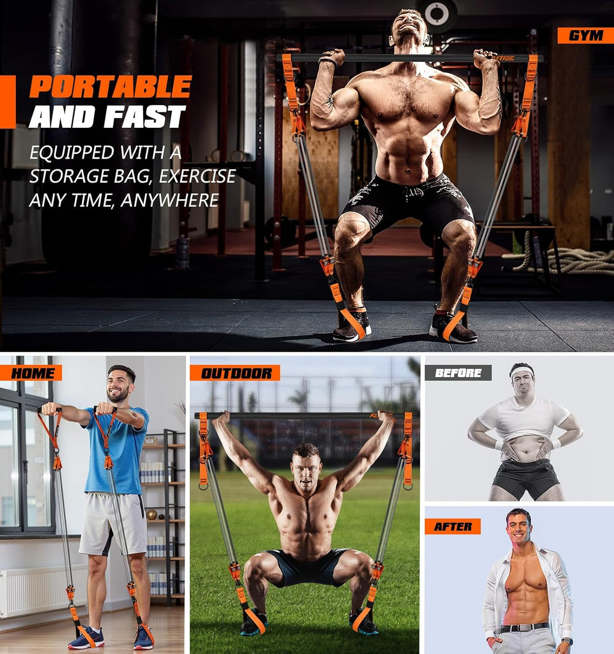 Kit de barra de pilates KUTIZE con bandas de resistencia, equipo de pilates de alta resistencia para hombres, bandas de entrenamiento con asas para piernas, cadera, espalda, brazo, abdominales, pecho