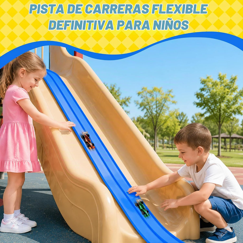 MINDNOOK Juego de pista de carreras flexible de 16 pies para niños, pista de carreras portátil enrollable con 4 autos y ventosas, compatible con autos de juguete fundidos a presión 1:64, regalo para niños y niñas de 4 a 12 años