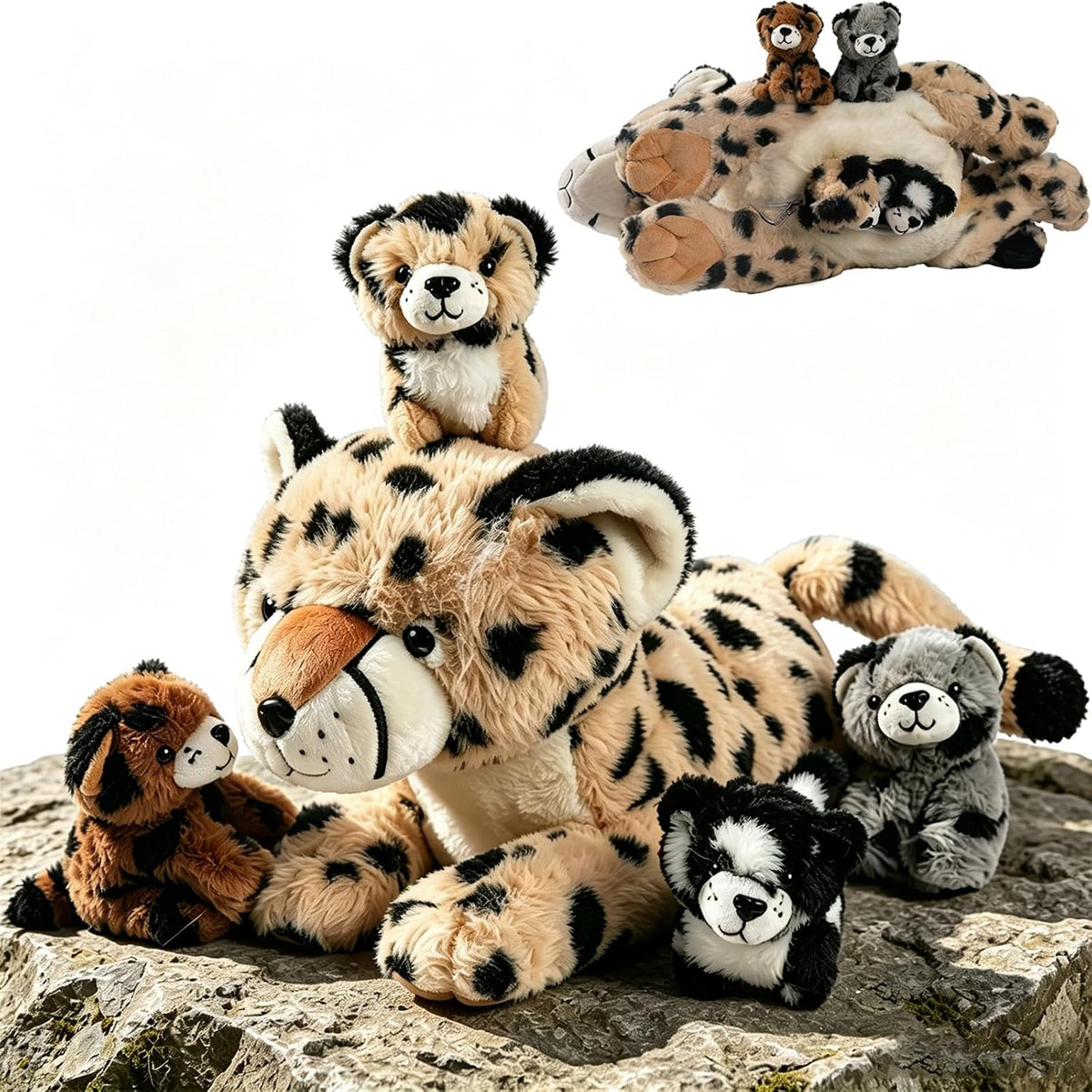 Animal de Peluche Cheetah con 4 crías para Niña, Peluche de Leopardo Para Abrazar