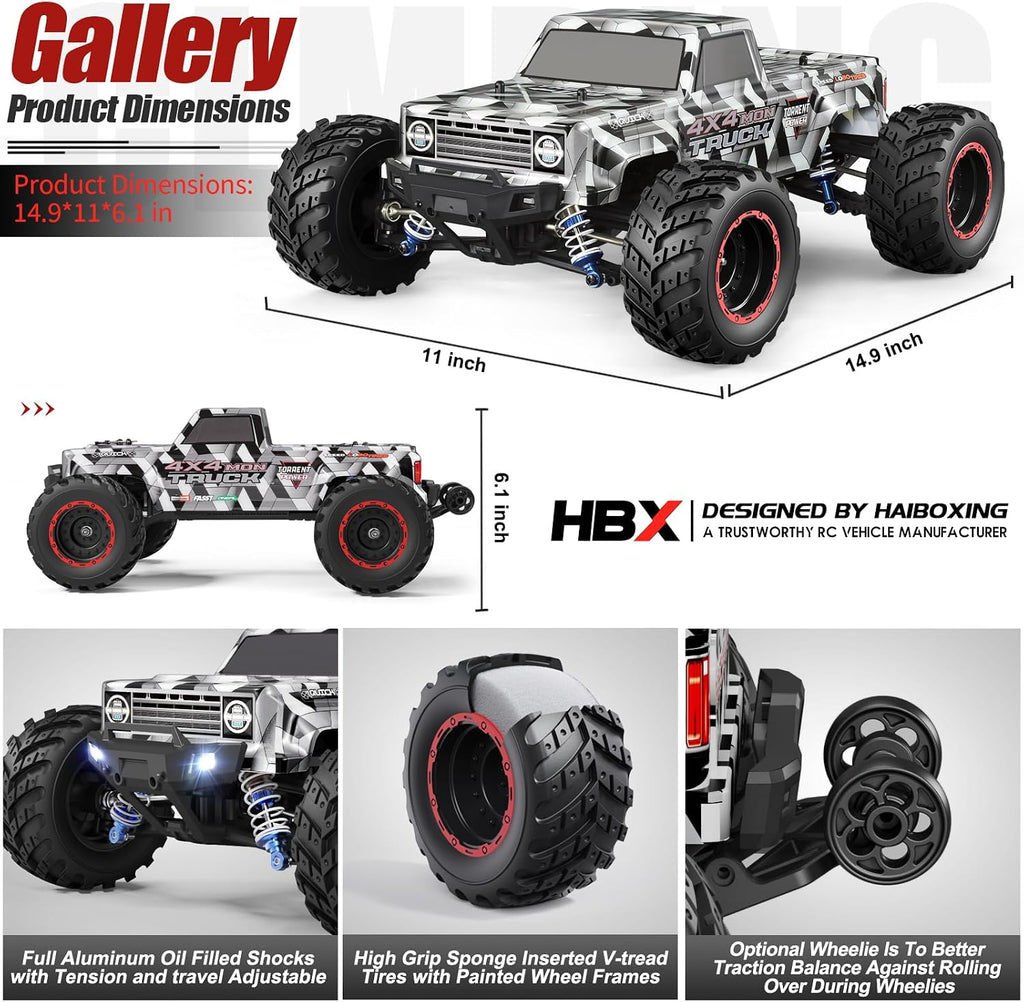 HAIBOXING Coches RC sin escobillas a escala 1/12 903A, 4X4 todoterreno Monster Truck con control remoto rápido de 55 KM/H de velocidad máxima, vehículos RC RTR de grado aficionado todo terreno para