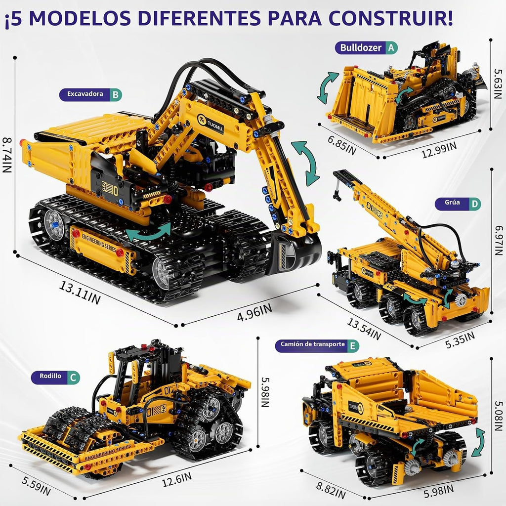 DOLIVE Juego de bloques de construcción STEM 5 en 1, kit de vehículo de construcción con aplicación y control remoto, rodillo excavadora de bricolaje, rodillo nivelador, regalo de cumpleaños educativo para niños de 8 a 14 años