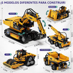DOLIVE Juego de bloques de construcción STEM 5 en 1, kit de vehículo de construcción con aplicación y control remoto, rodillo excavadora de bricolaje, rodillo nivelador, regalo de cumpleaños educativo para niños de 8 a 14 años