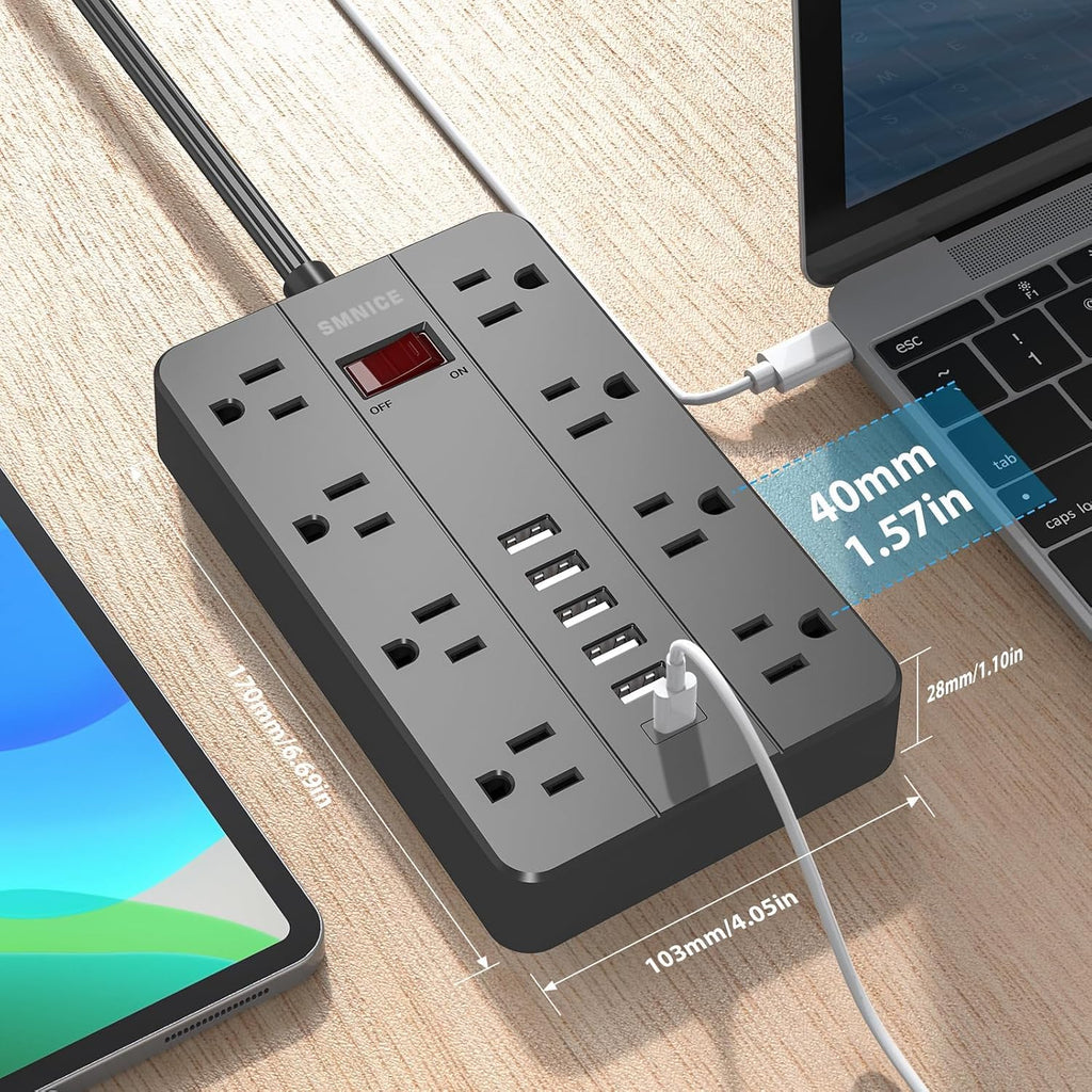Regleta de alimentación con USB, enchufe plano con 8 tomas de corriente ampliamente espaciadas y 6 puertos USB (1USB C), cable de extensión de 5 pies de montaje en pared para smartphone