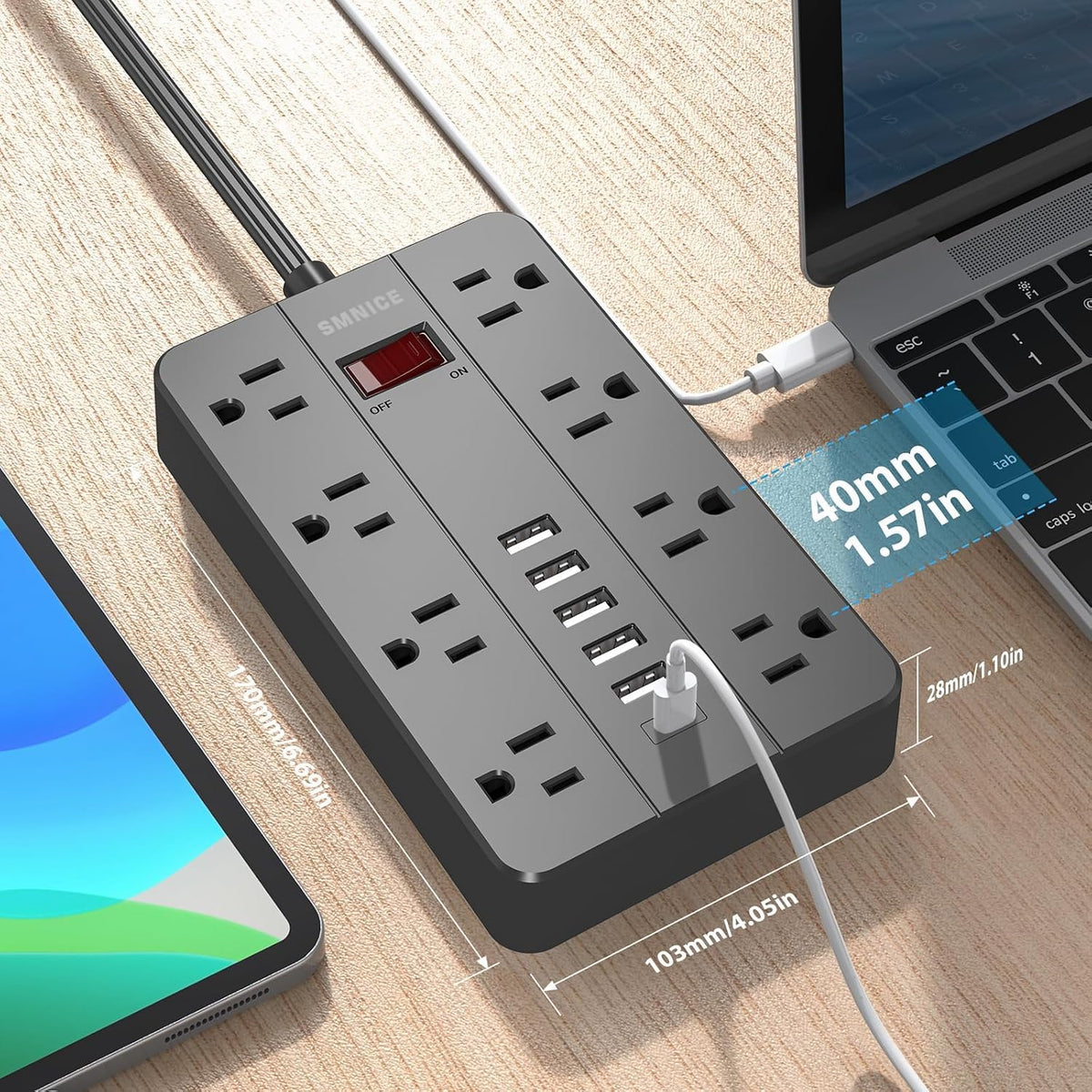 Regleta de alimentación con USB, enchufe plano con 8 tomas de corriente ampliamente espaciadas y 6 puertos USB (1USB C), cable de extensión de 5 pies de montaje en pared para smartphone