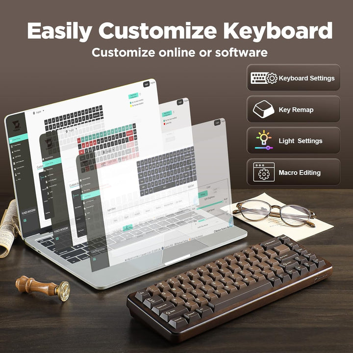 YUNZII WOOD68 Teclado mecánico inalámbrico, teclado de madera para...