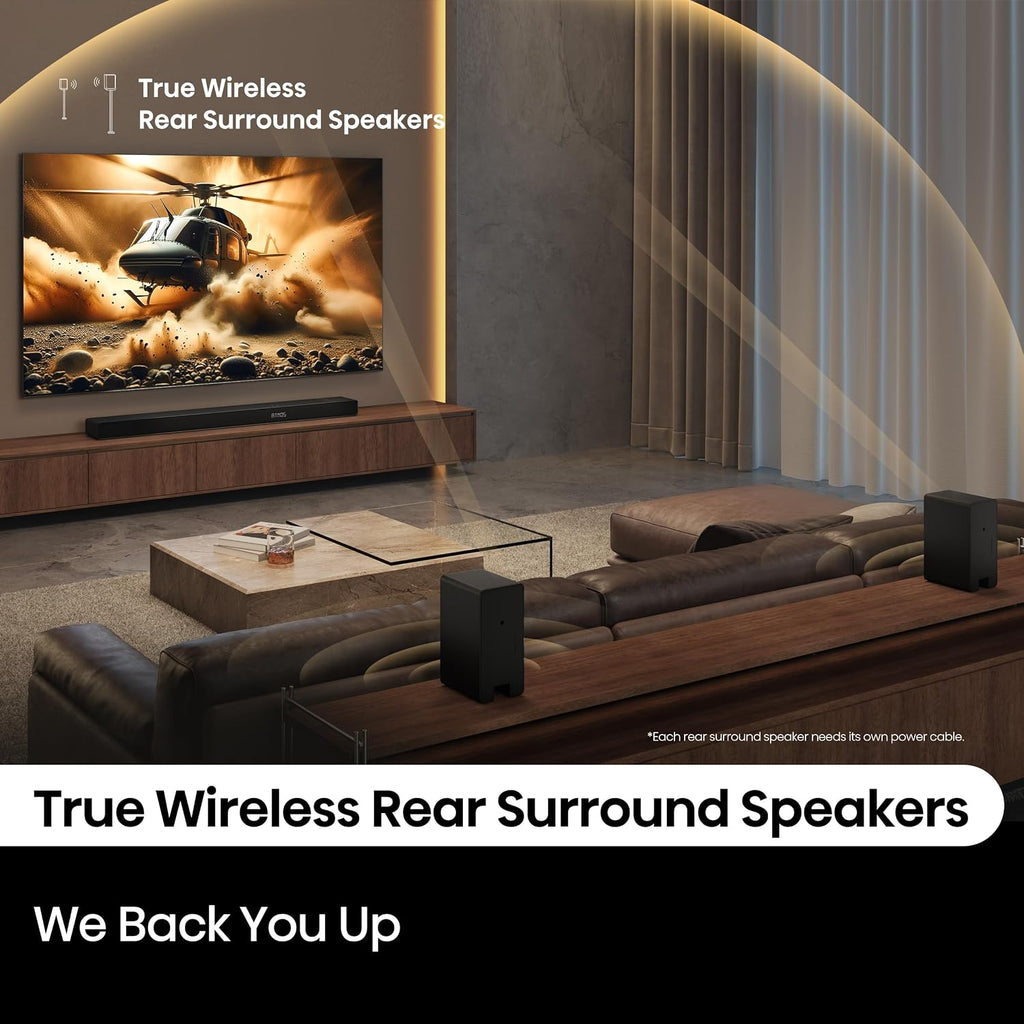 Hisense AX5140Q - Barra de sonido de cine en casa de 5.1.4 canales con subwoofer inalámbrico y altavoces envolventes traseros, altavoces de encendido ascendente, Dolby Atmos, DTS:X, Bluetooth 5.3, HDMI eARC, control de aplicación y control remoto, 7 modos