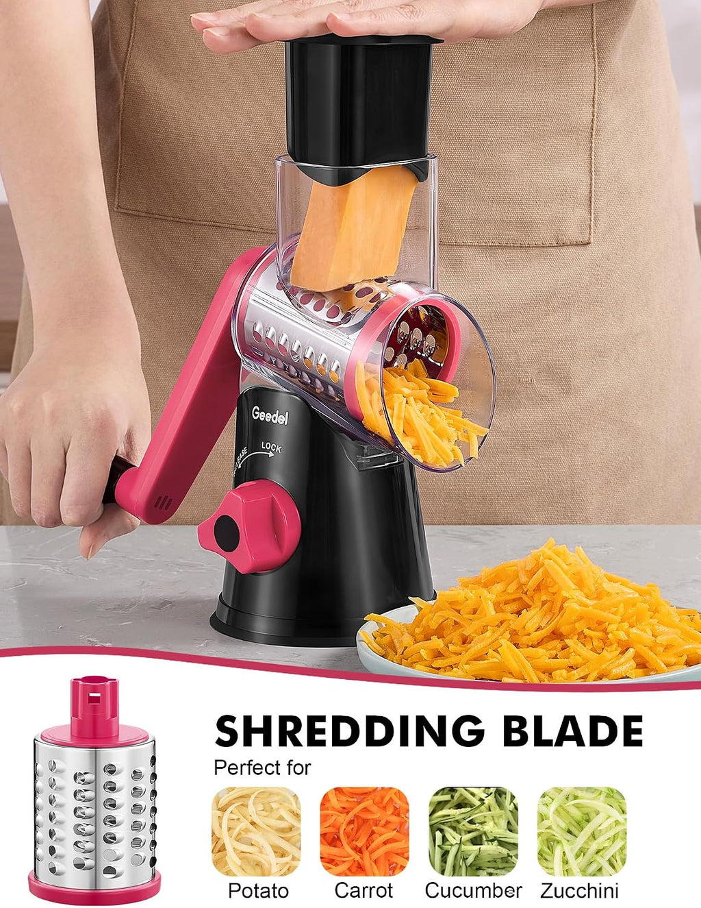 Geedel - Rallador rotativo de queso con manivela, trituradora de queso, cortador de verduras