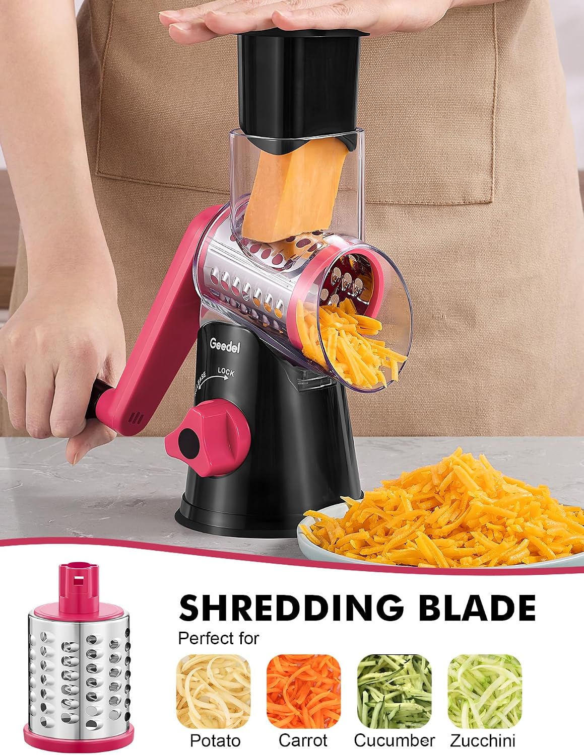 Geedel - Rallador rotativo de queso con manivela, trituradora de queso, cortador de verduras