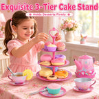 Juego de fiesta de té para niños de 3 a 5 años, PRE-WORLD juego de té musical para niñas pequeñas con postres, galletas, donas, pastel, soporte para pastel, mantel y estuche de transporte, juguetes de