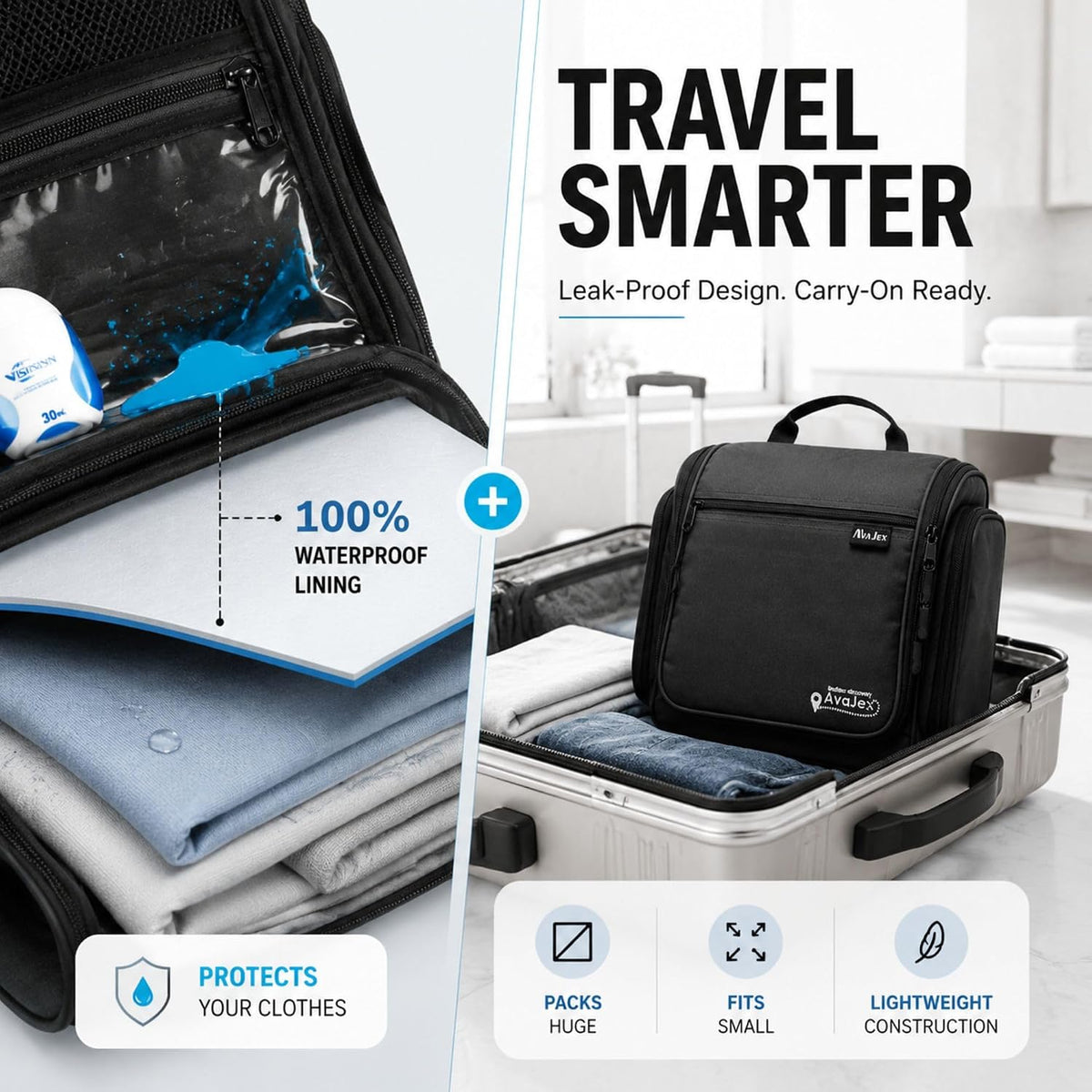 Neceser de viaje para hombres – Kit Dopp grande (10.6 x 10.6 x 3.2 pulgadas) – Bolsa organizadora de higiene impermeable colgante para hombre con gancho giratorio de metal XXL, cremalleras