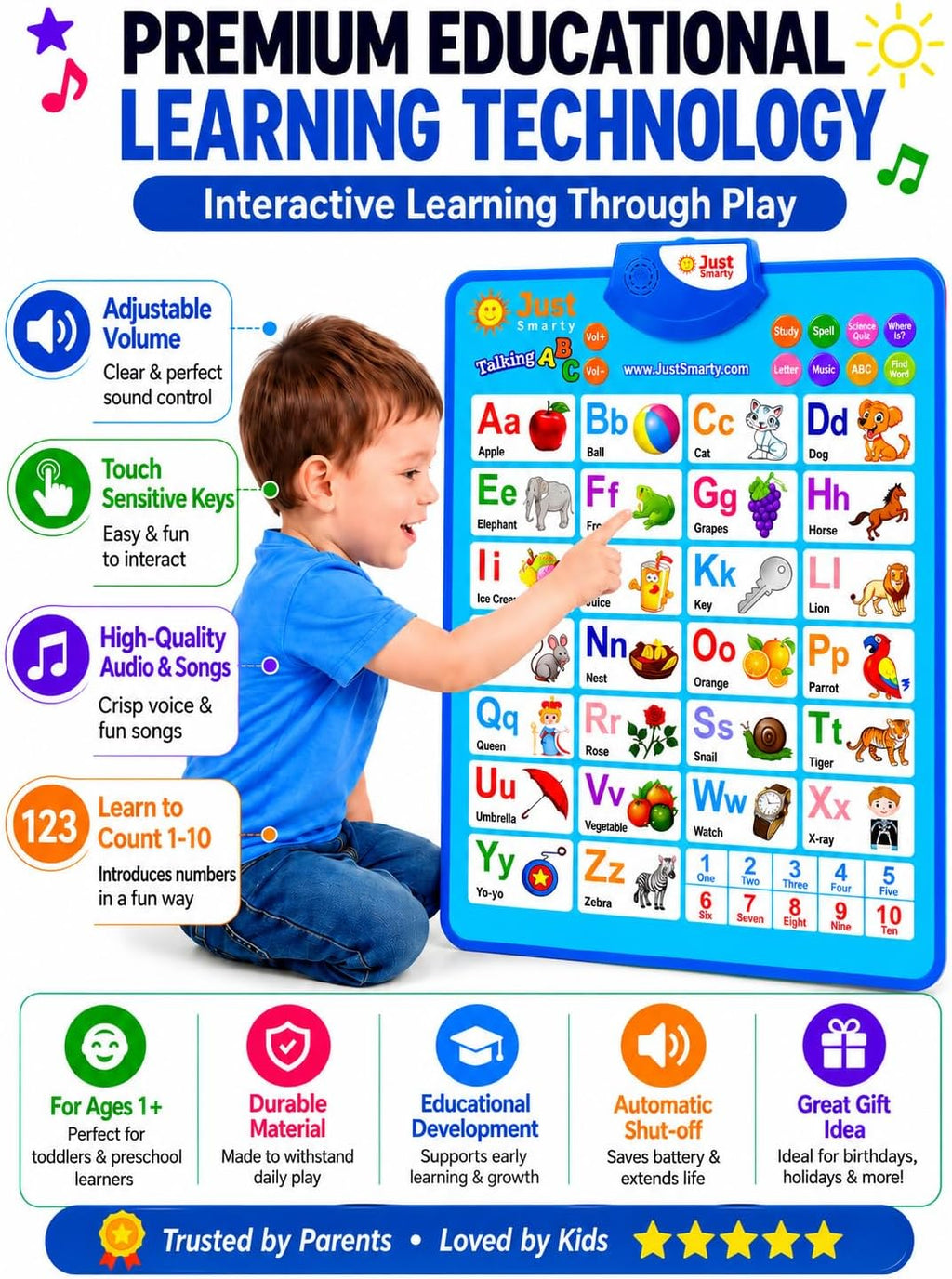 Just Smarty - Tabla interactiva de pared del alfabeto, ABC y 123, color