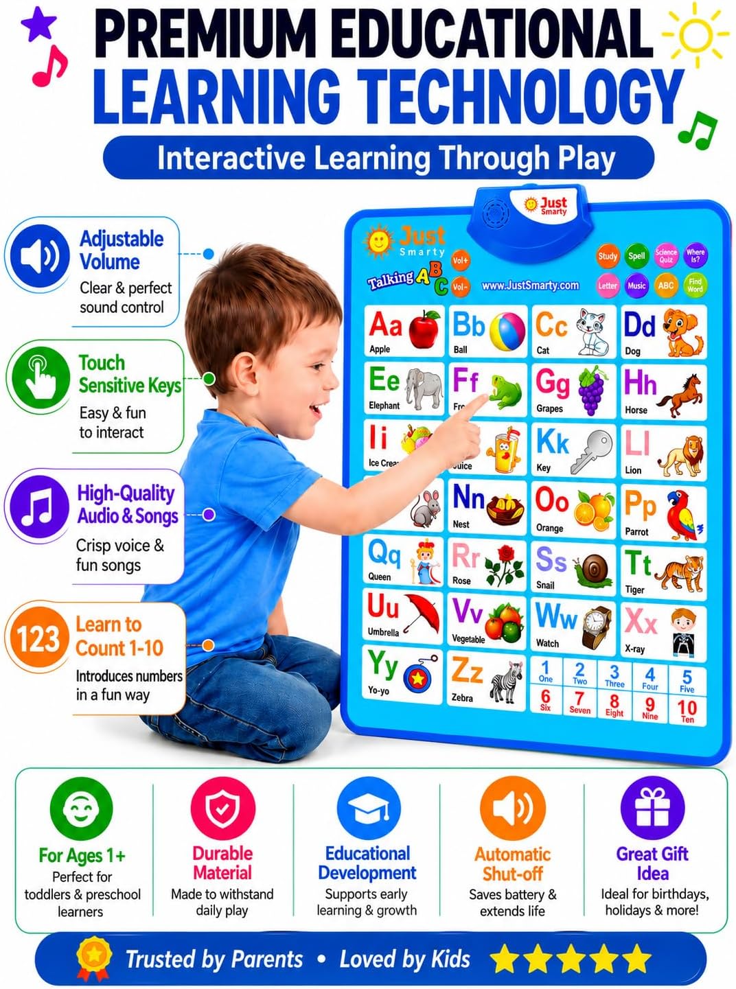 Just Smarty - Tabla interactiva de pared del alfabeto, ABC y 123, color