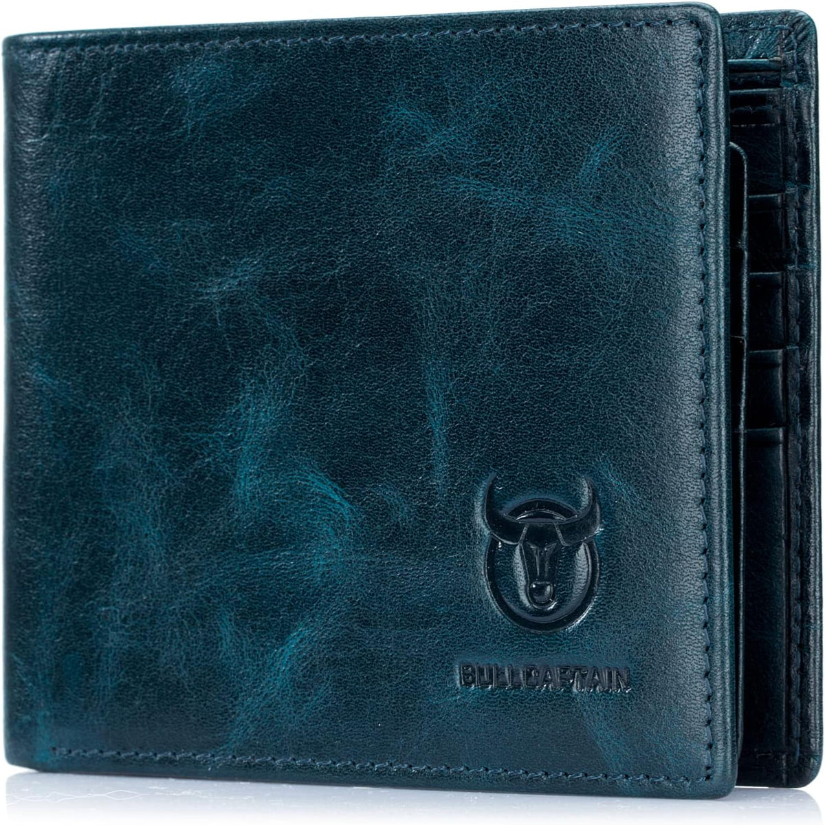 BULLCAPTAIN Carteras RFID para hombre, billetera de cuero genuino QB-05, Azul pavo real