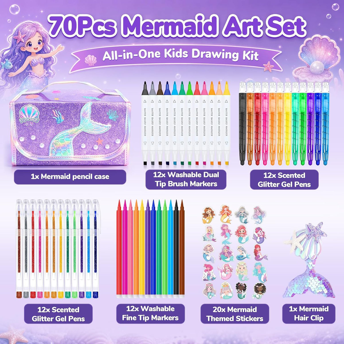 DreamyCandy 70 Pcs Washable Markers Set para Kids 4-8, Mermaid Art Set Gifts