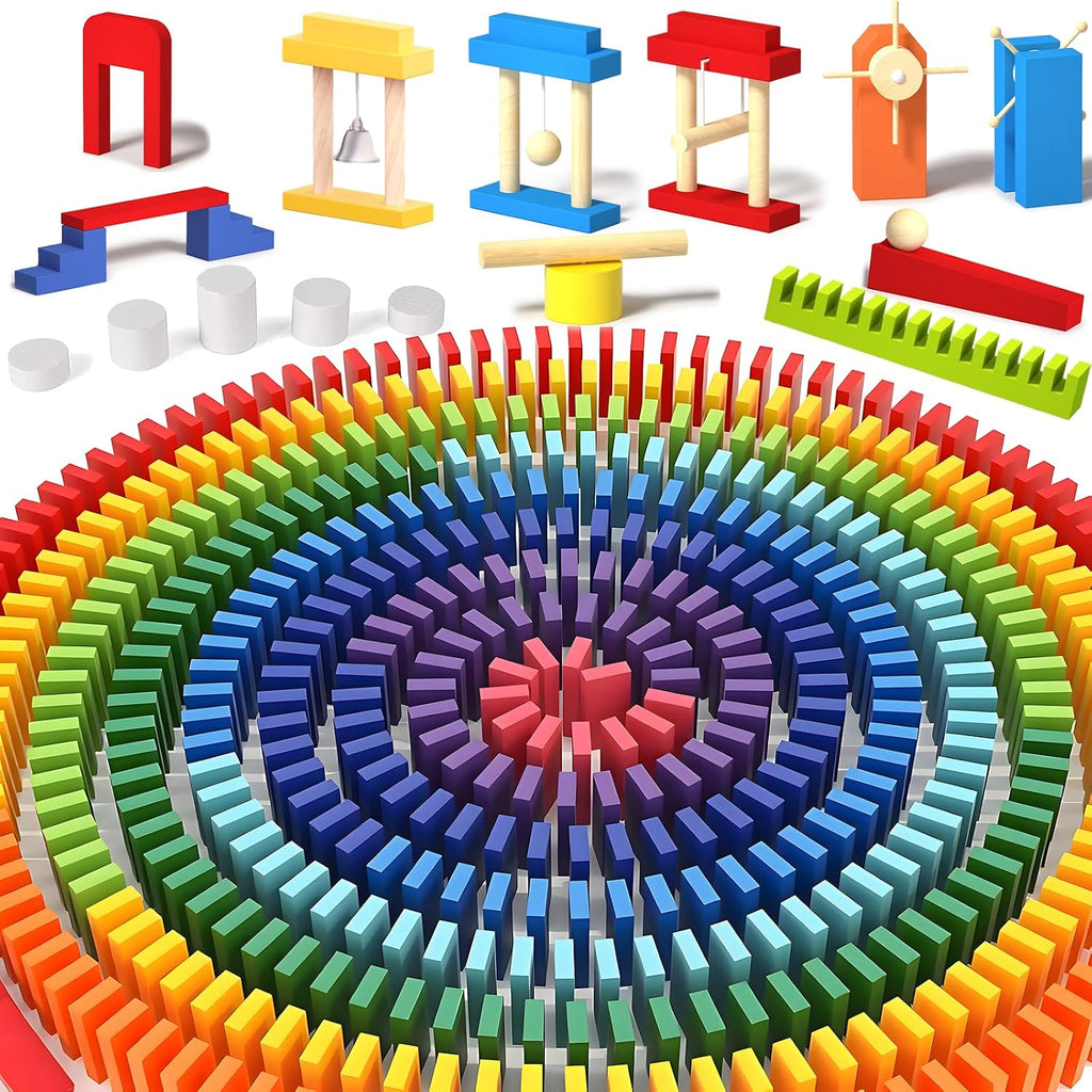 Migargle Juego de dominó de madera de 1200 piezas con 11 bloques de dominó adicionales y bolsa de almacenamiento, juego de carreras de dominó a granel para niños, juguete educativo con temática de dominó