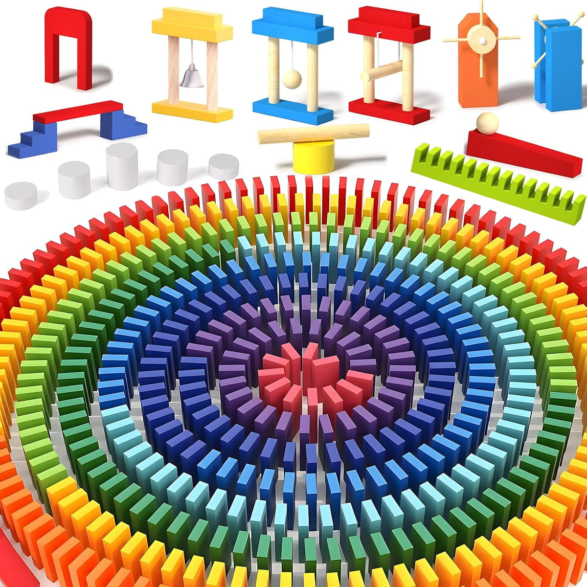 Migargle Juego de dominó de madera de 1200 piezas con 11 bloques de dominó adicionales y bolsa de almacenamiento, juego de carreras de dominó a granel para niños, juguete educativo con temática de dominó