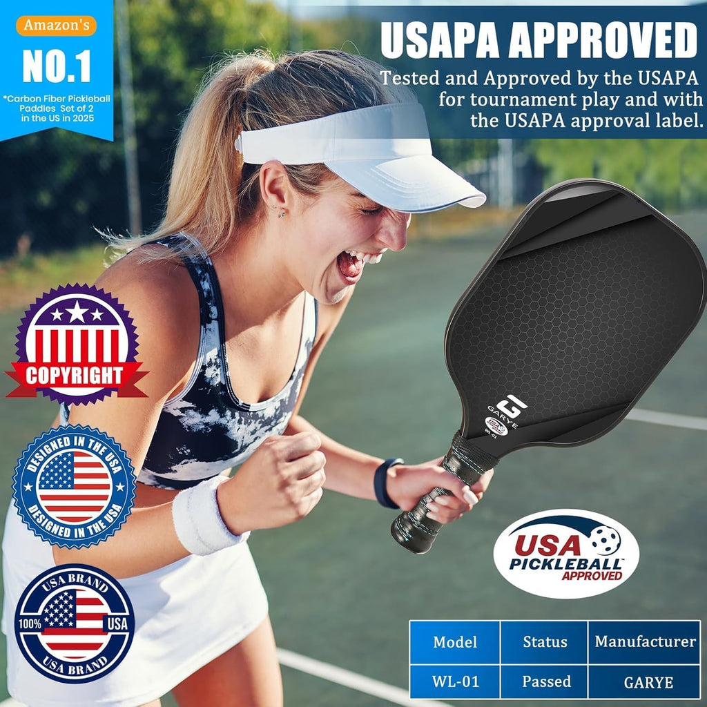 GARYE Juego de 2/4 palas de pickleball aprobadas por USAPA, juego de pickleball de fibra de carbono, raquetas ligeras de pickleball, paquete de 2/4 con 6 bolas, 1 bolsa, par de cintas de agarre