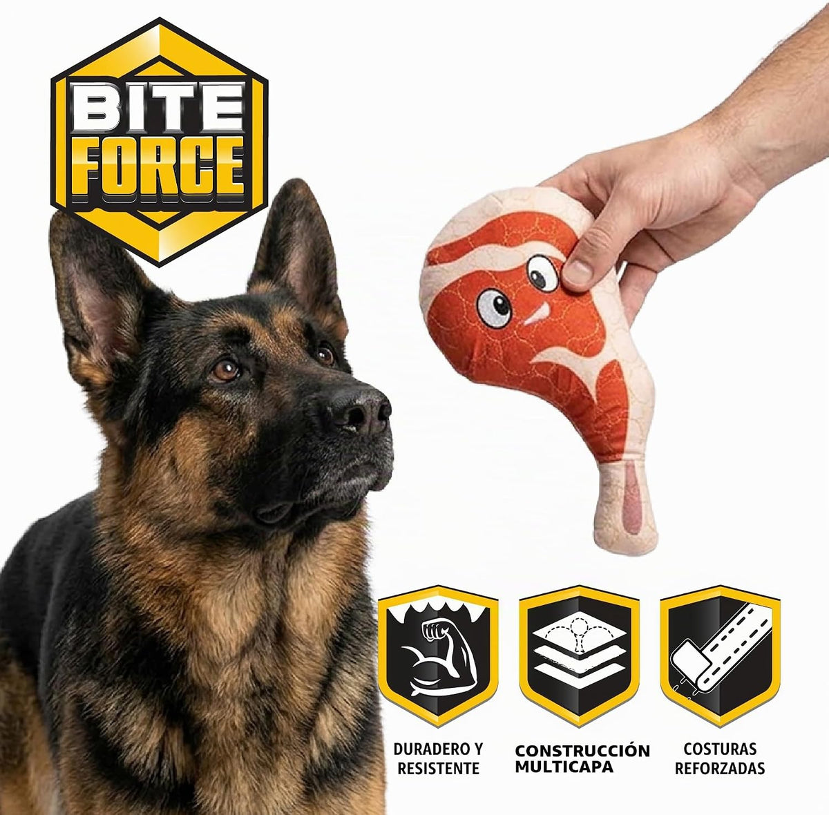 Bite Force - Juguete para perros duradero y fuerte Ribby con chirriador, costuras reforzadas con Kevlar para masticadores agresivos - Rojo.