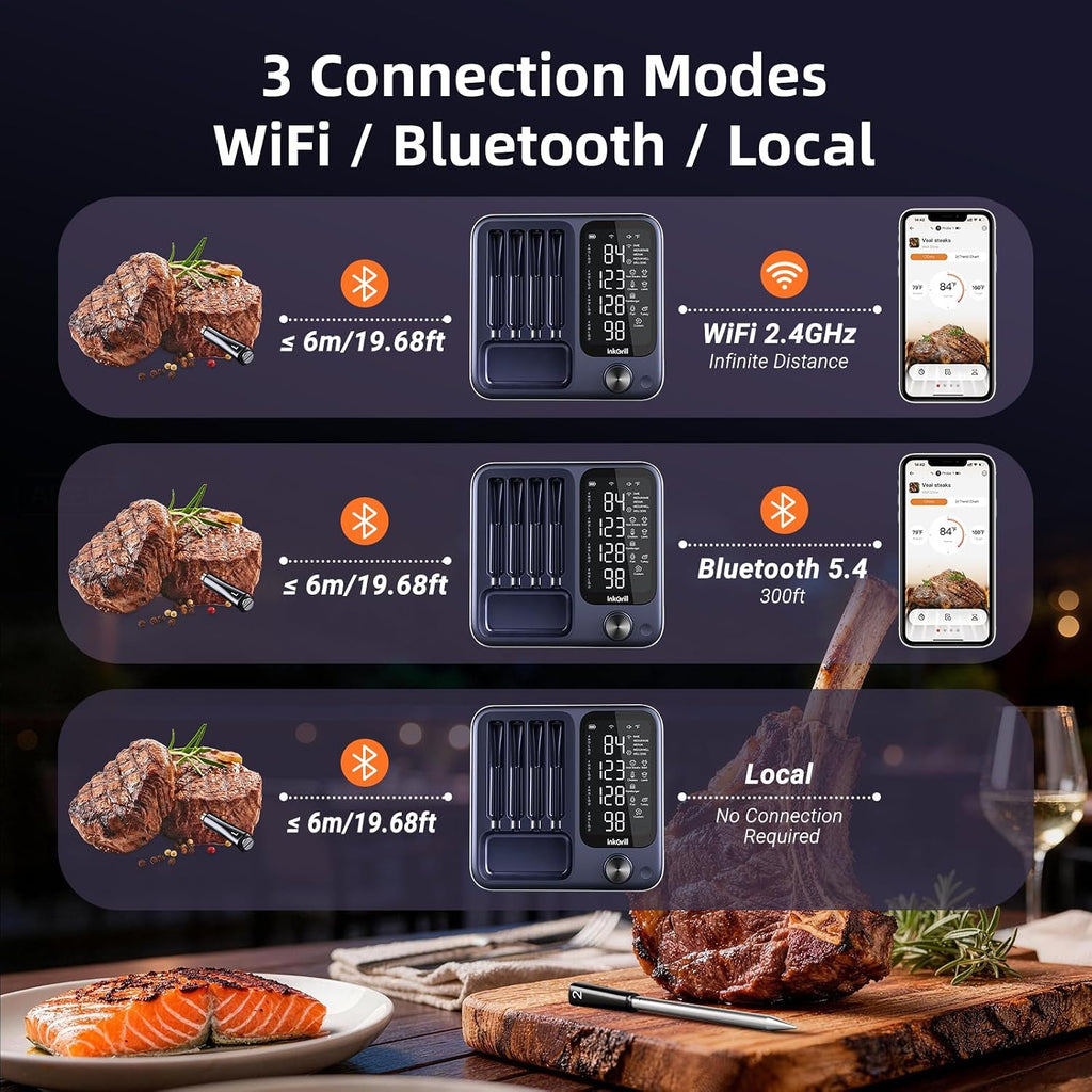 Termómetro inalámbrico digital para carne, con 4 sondas e impermeabilidad IP67, 2 sensores en 1 sonda, WiFi de alcance ilimitado, monitoreo en tiempo real, termómetro inteligente de carne para cocinar