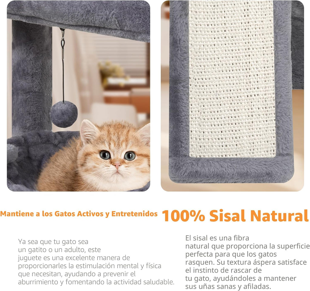 YOUPET - Árbol para gatos con poste rascador para gatos de interior, torre para gatos con tabla de rascar y bolas de juguete divertidas, torre de árbol para gatos con hamaca acogedora, gris