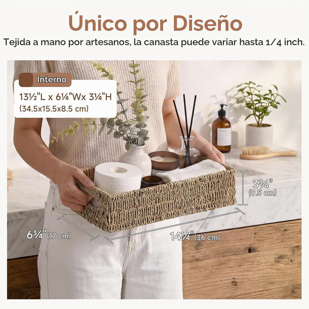 StorageWorks - Canastas de hierbas marinas con asas integradas, caja decorativa para baño, para la parte superior del tanque del inodoro, 14 ¼ pulgadas de largo x 6 ½ pulgadas de ancho x 3 ¾ pulgadas